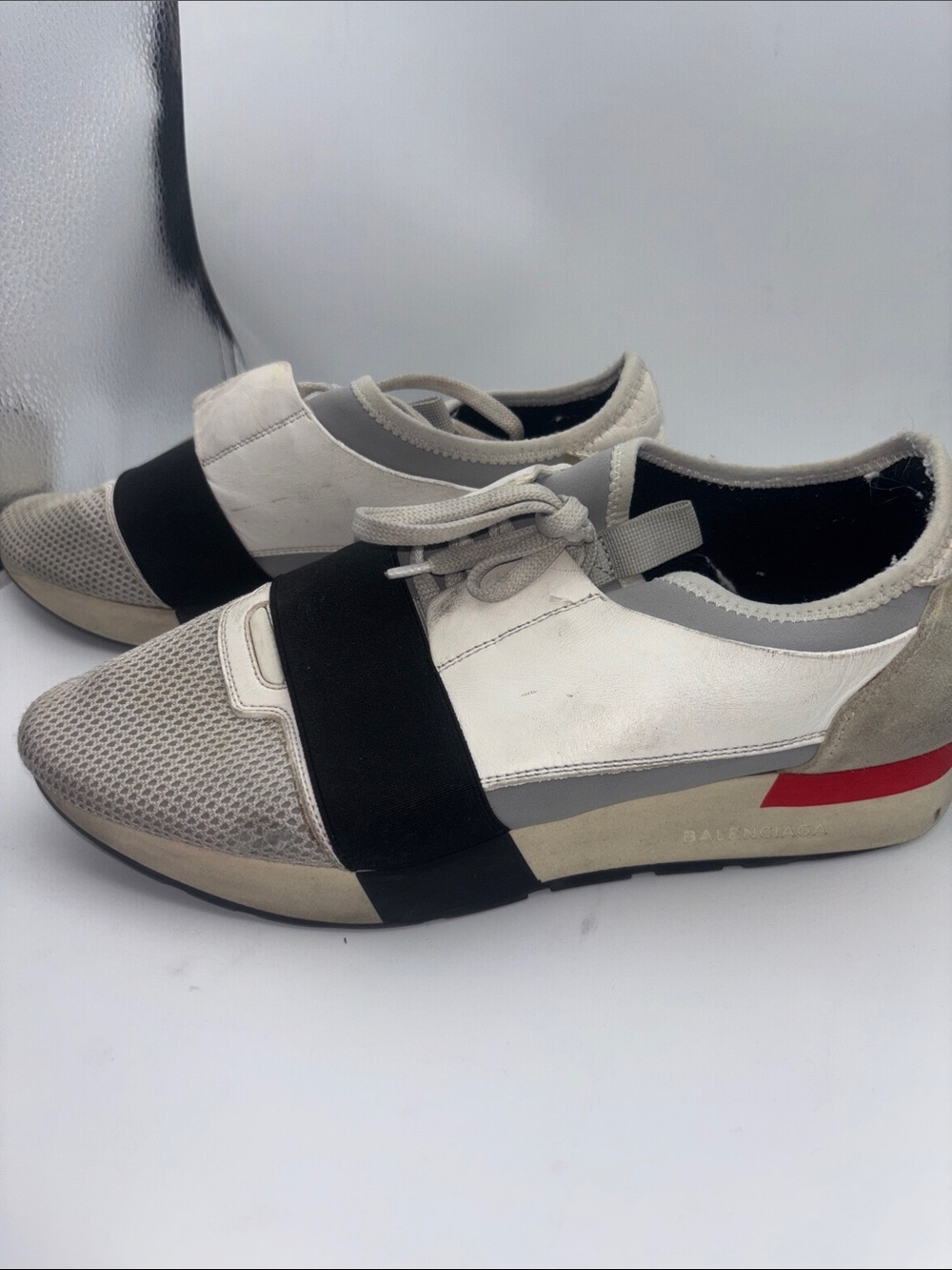 Balenciaga Men's Casual White and Gray Slip-On Sneaker with Black Strap